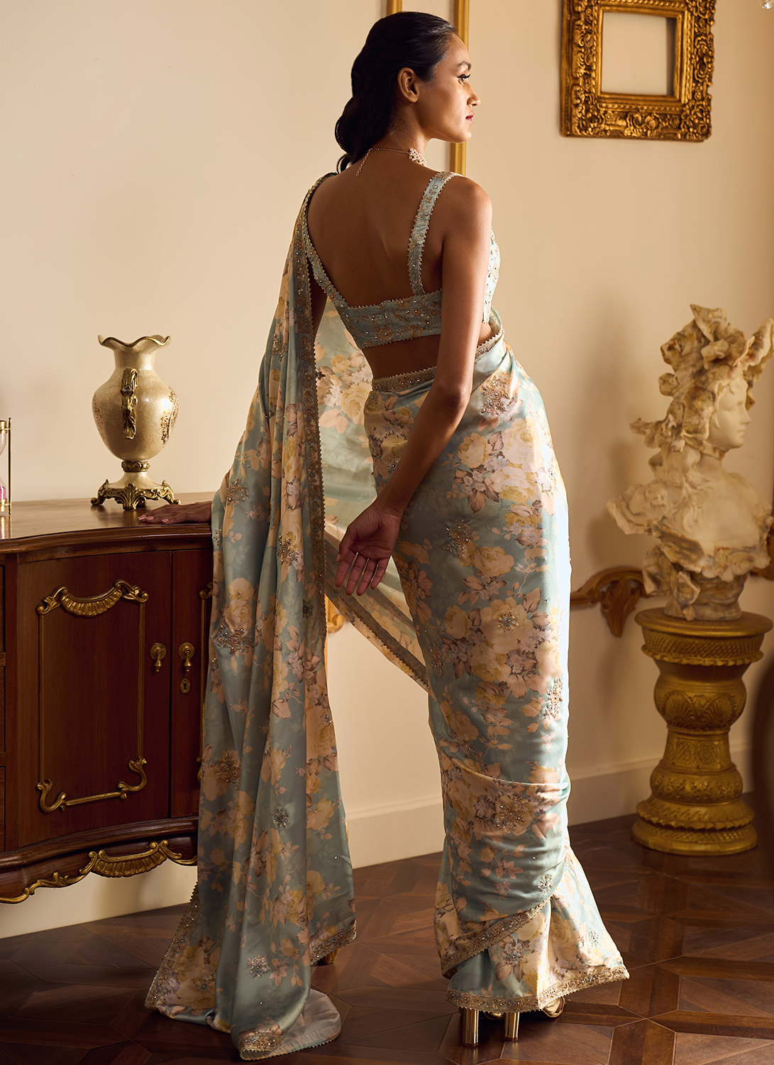 Dusty Mint Floral Printed Saree