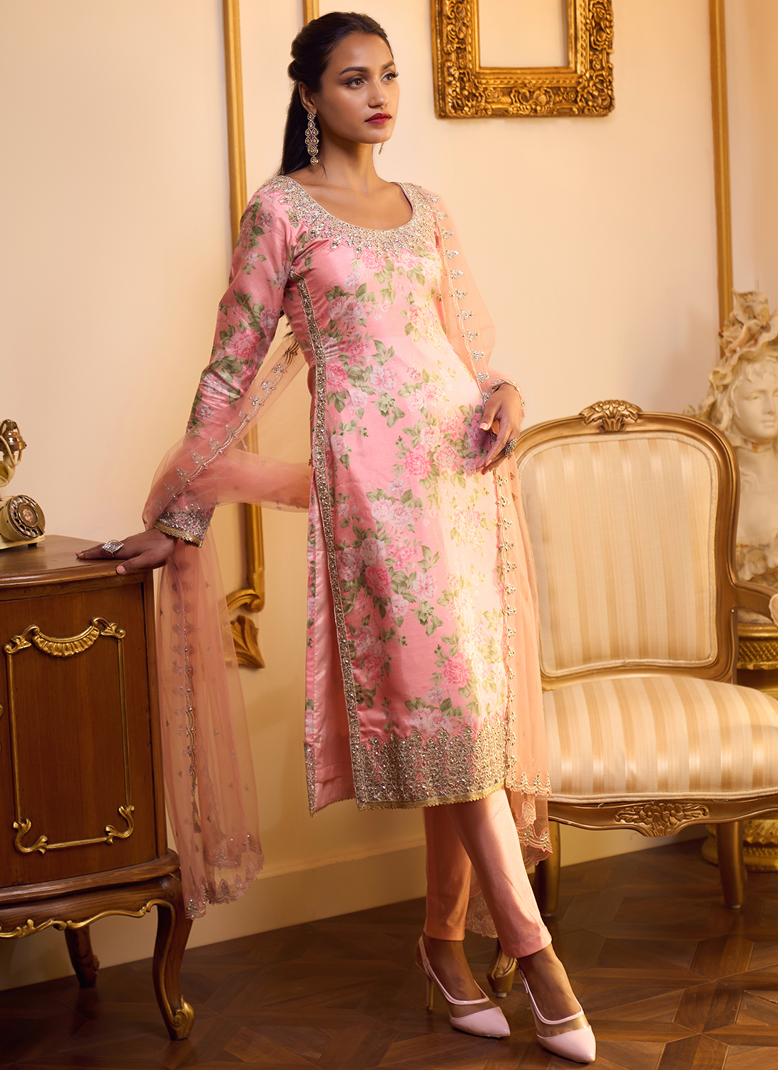 Peach Floral Printed Straight Suit