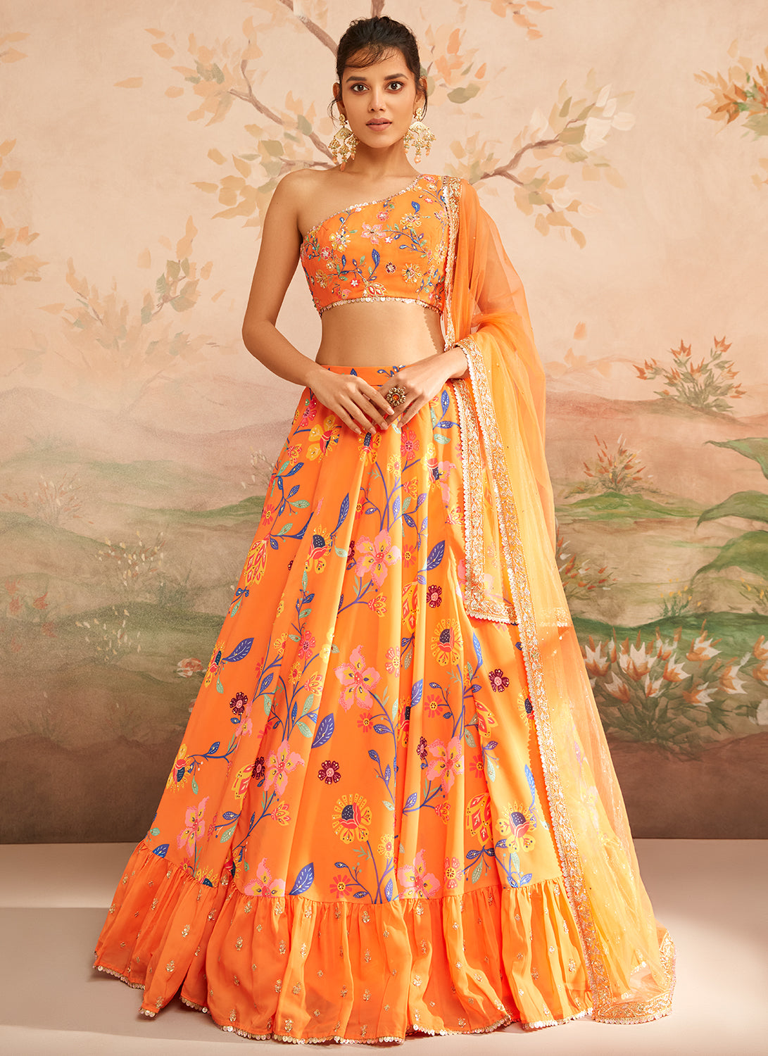 Orange Floral Printed Lehenga