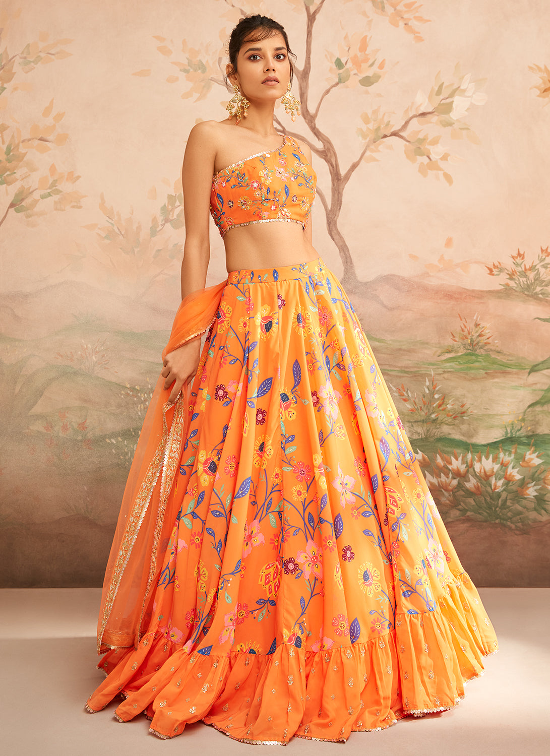 Orange Floral Printed Lehenga