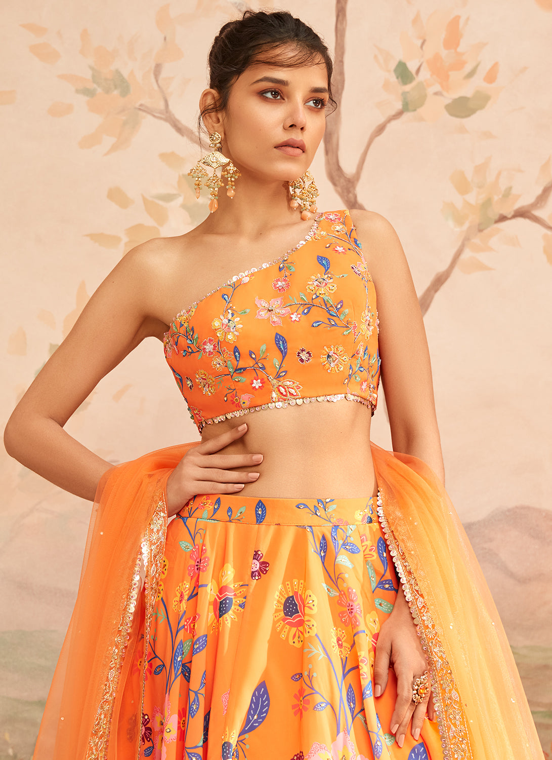 Orange Floral Printed Lehenga