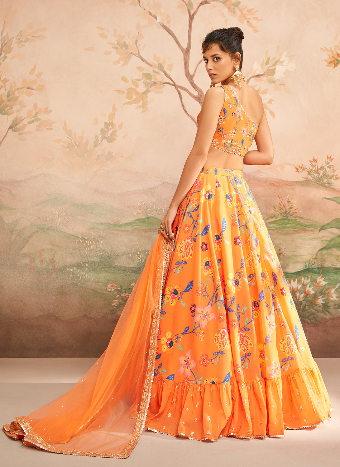 Orange Floral Printed Lehenga