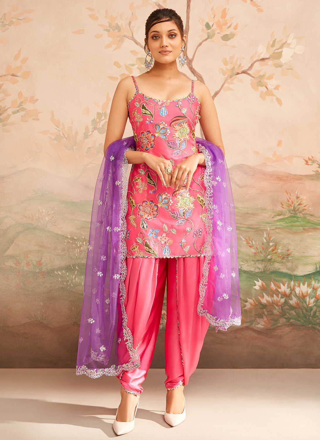 Pink and Purple Floral Printed Punjabi Suit