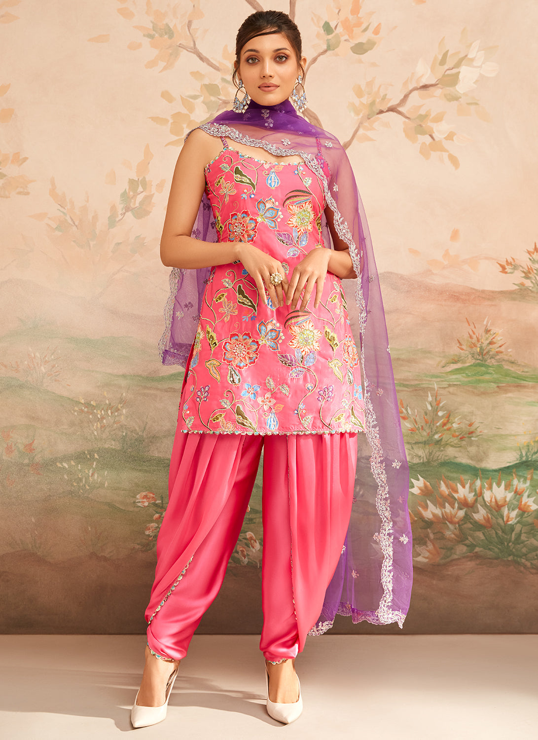 Pink and Purple Floral Printed Punjabi Suit