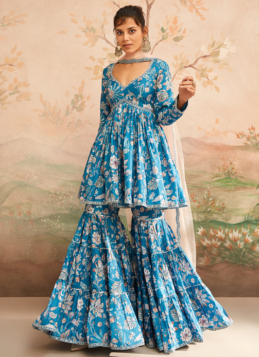 Teal Blue Floral Printed Gharara Suit