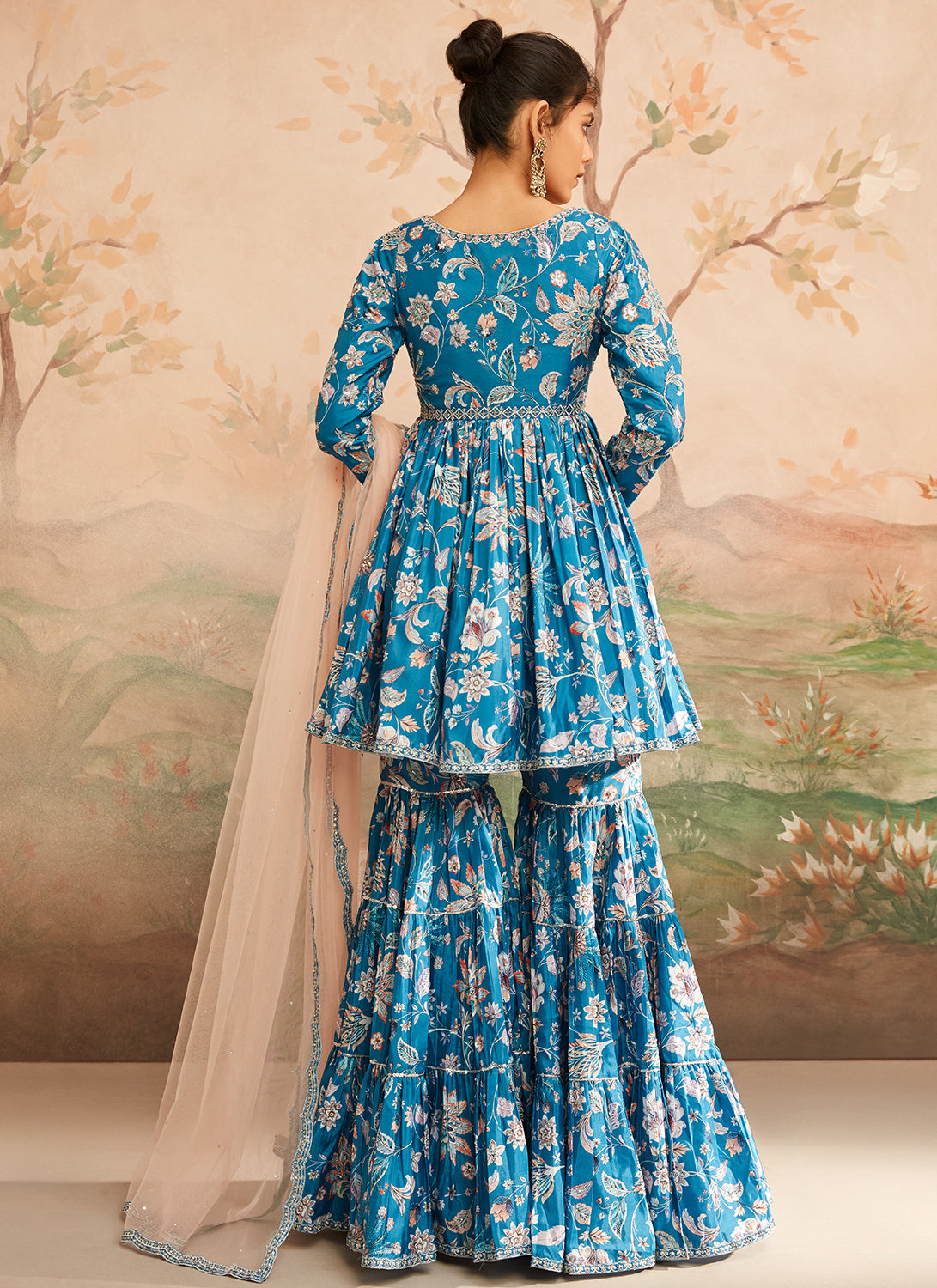 Teal Blue Floral Printed Gharara Suit