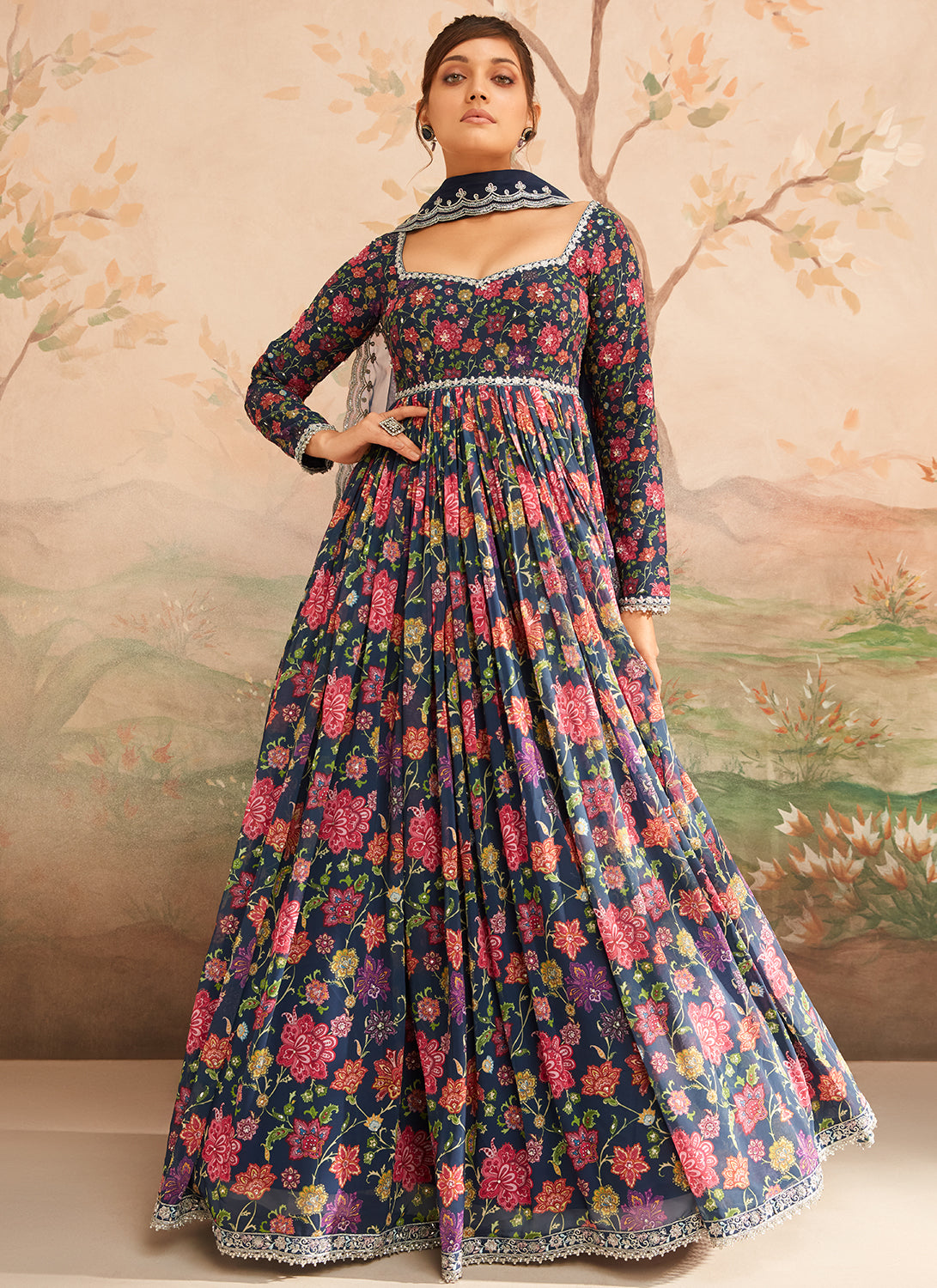 Lilac Floral Printed Anarkali Gown – Maharani