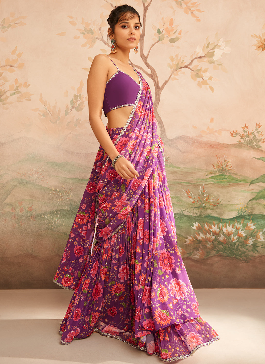 Purple and Pink Floral Printed Saree