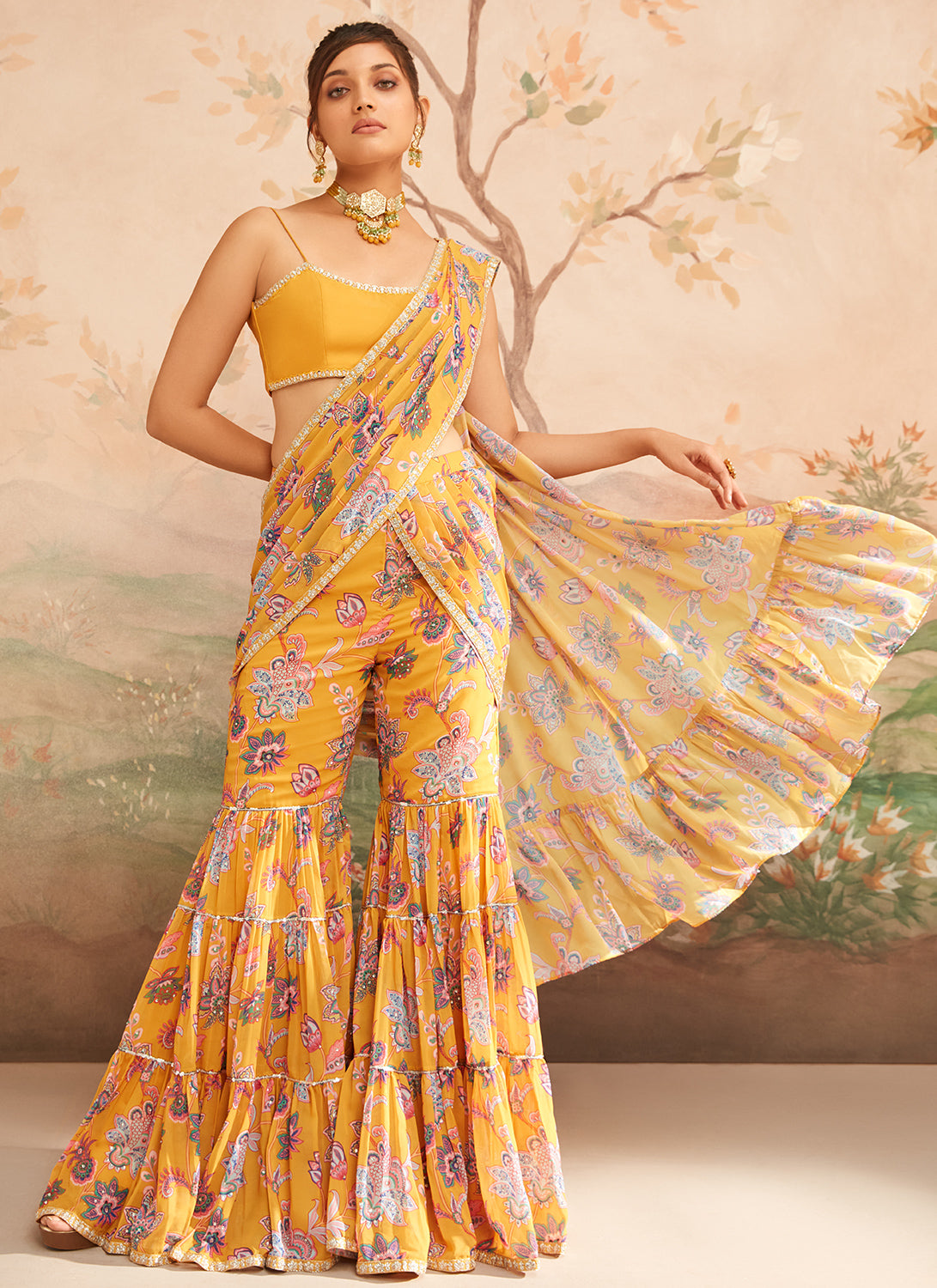 Mustard Yellow Floral Printed Pant Saree