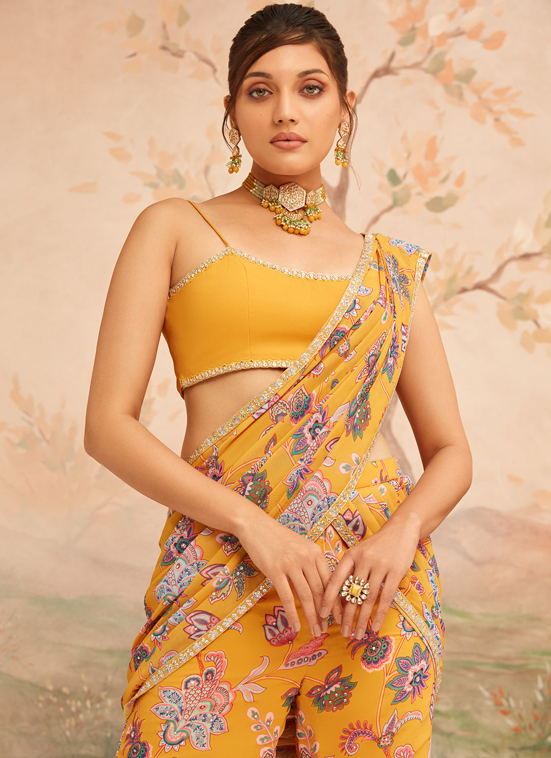 Mustard Yellow Floral Printed Pant Saree