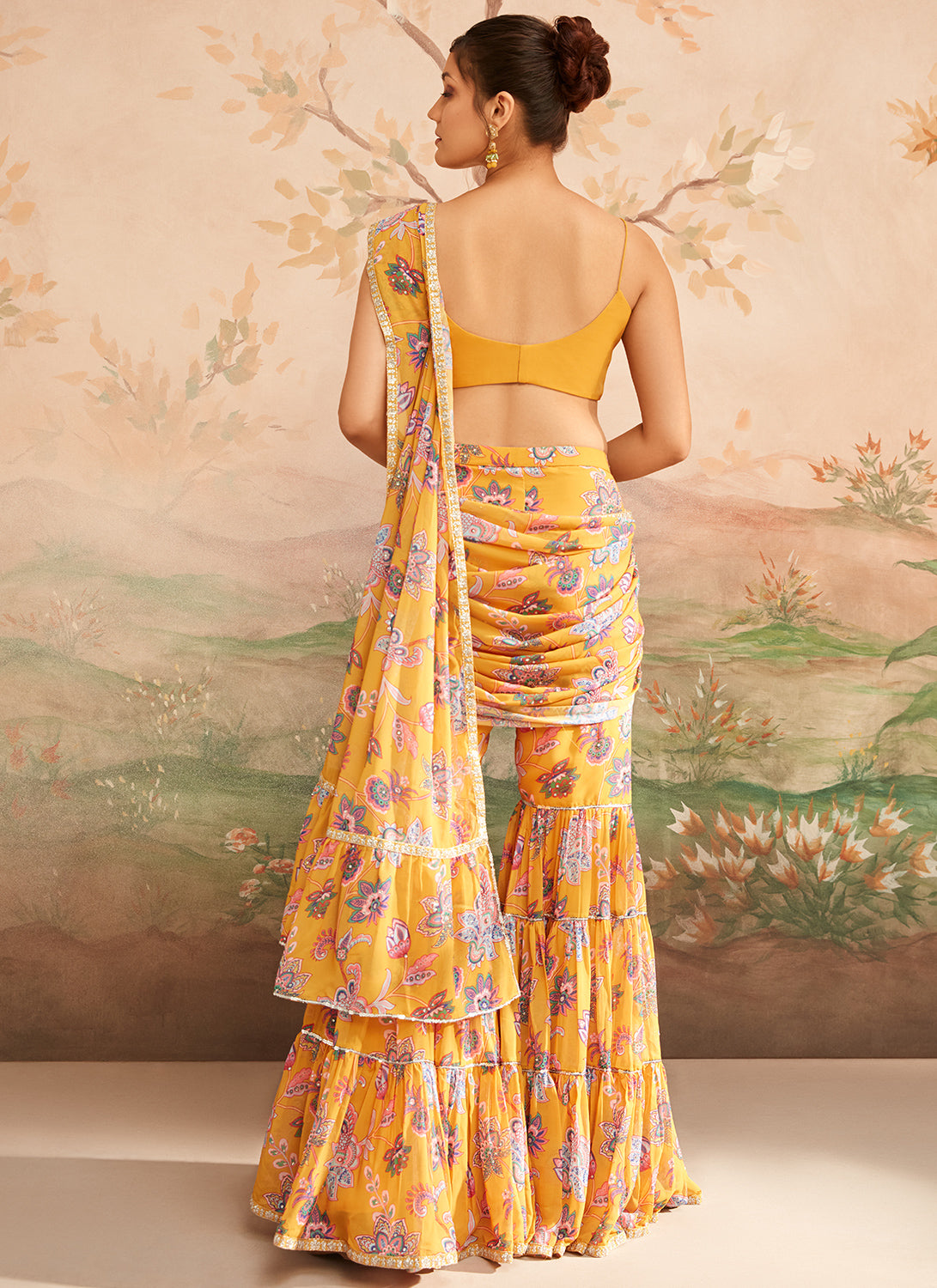 Mustard Yellow Floral Printed Pant Saree