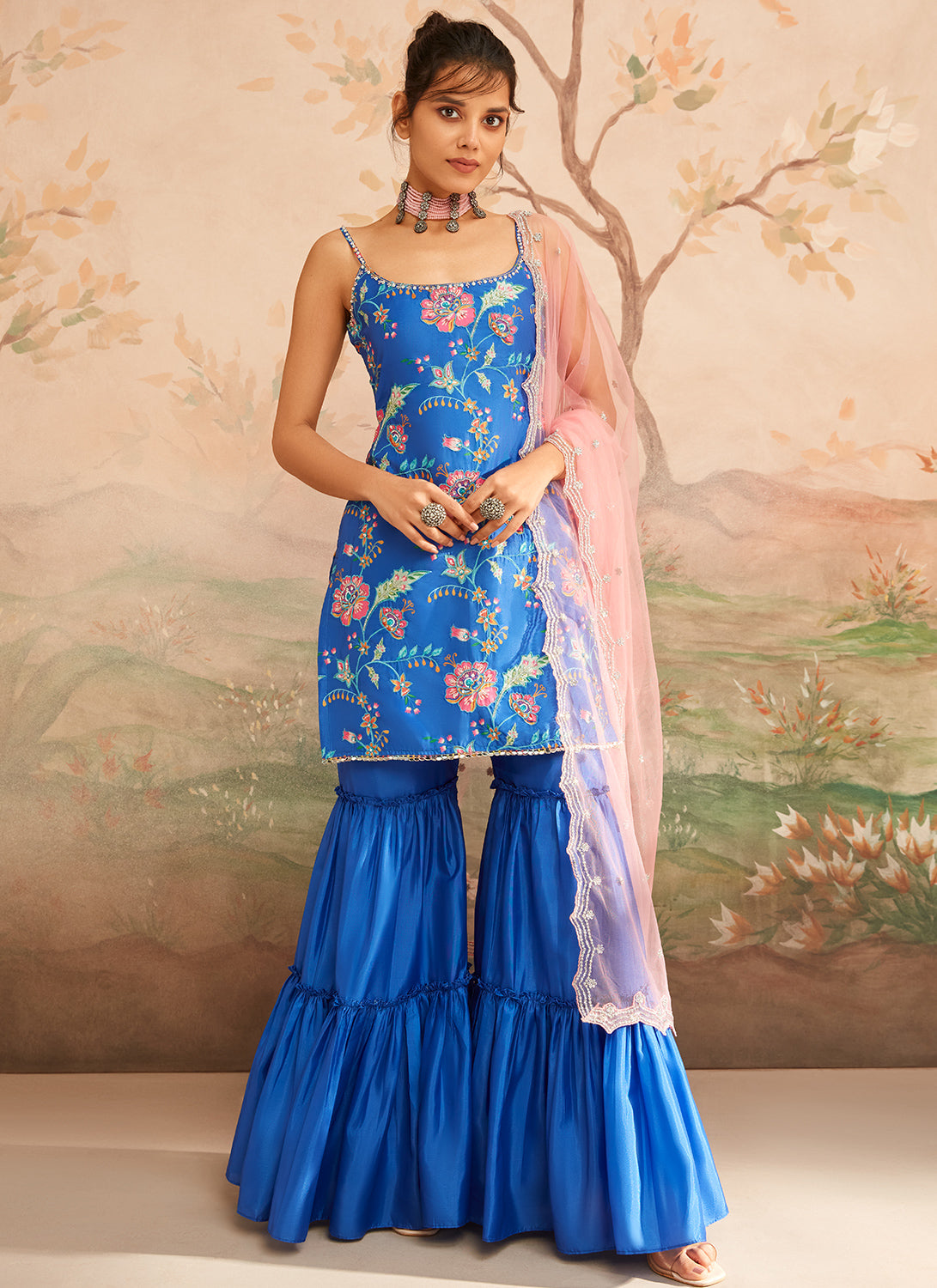 Blue and Pink Floral Printed Sharara Suit