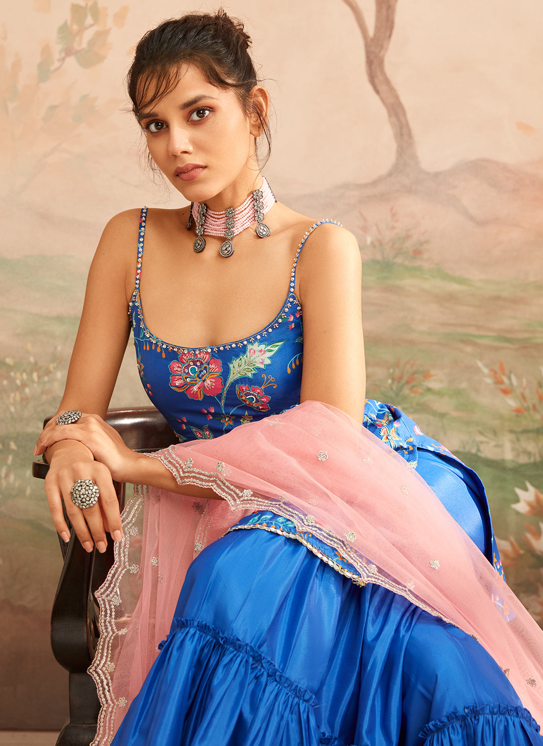 Blue and Pink Floral Printed Sharara Suit