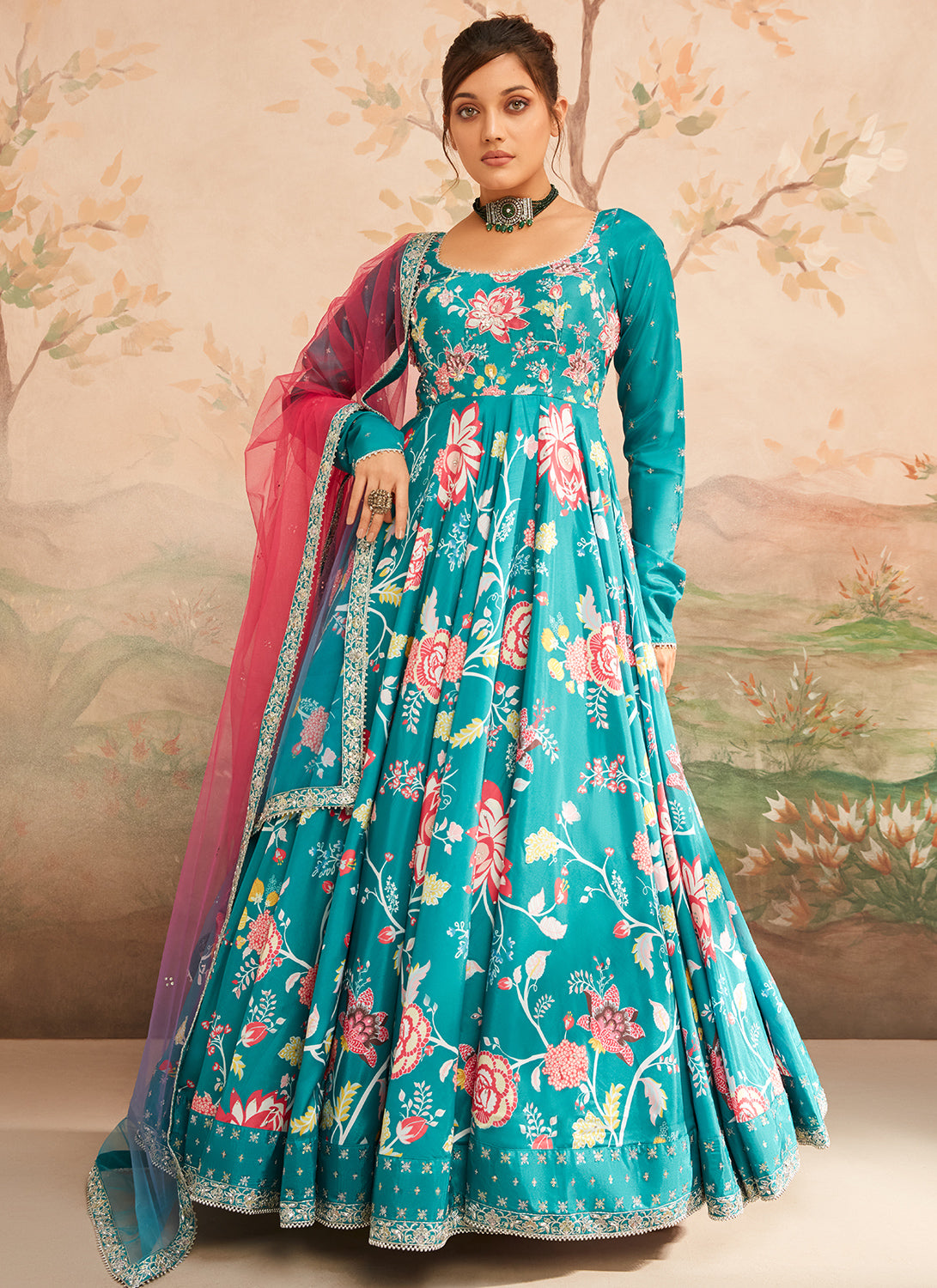 Teal Floral Printed Anarkali
