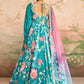 Teal Floral Printed Anarkali