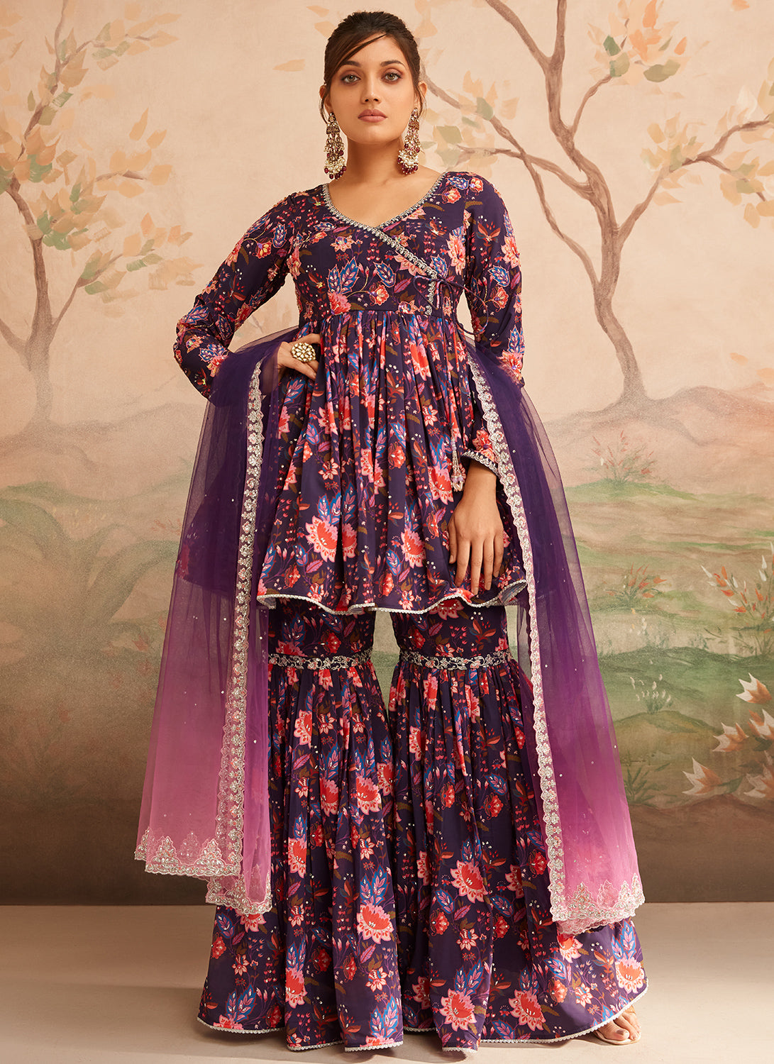 Dark Purple Floral Printed Gharara Suit