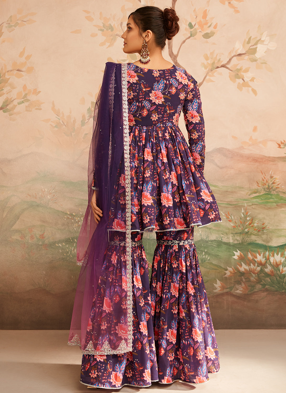Dark Purple Floral Printed Gharara Suit