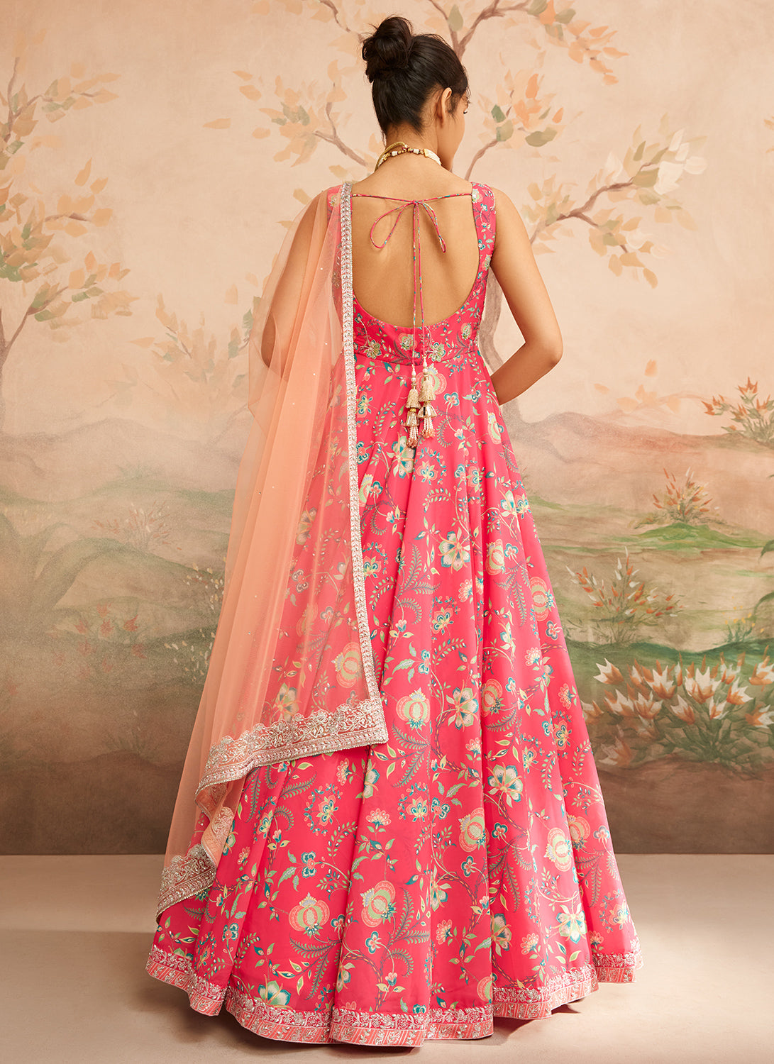 Hot Pink Floral Printed Anarkali