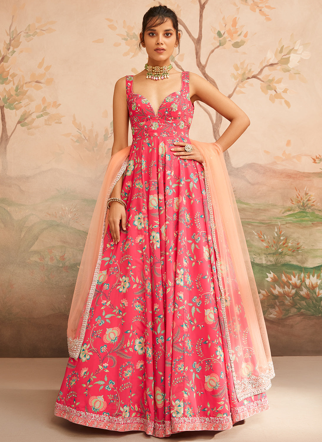 Hot Pink Floral Printed Anarkali