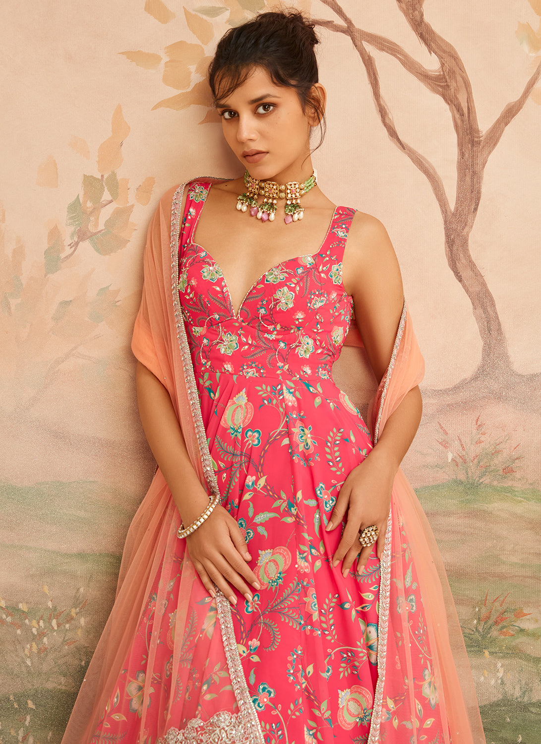 Hot Pink Floral Printed Anarkali