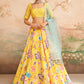 Yellow and Blue Floral Printed Lehenga