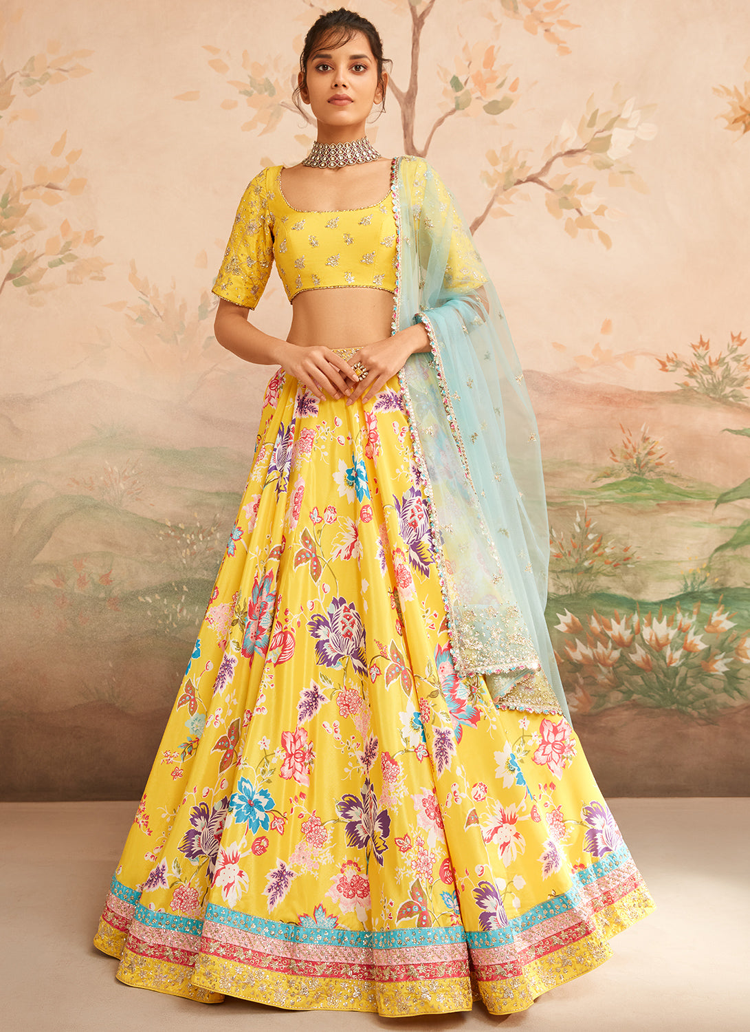 Yellow and Blue Floral Printed Lehenga