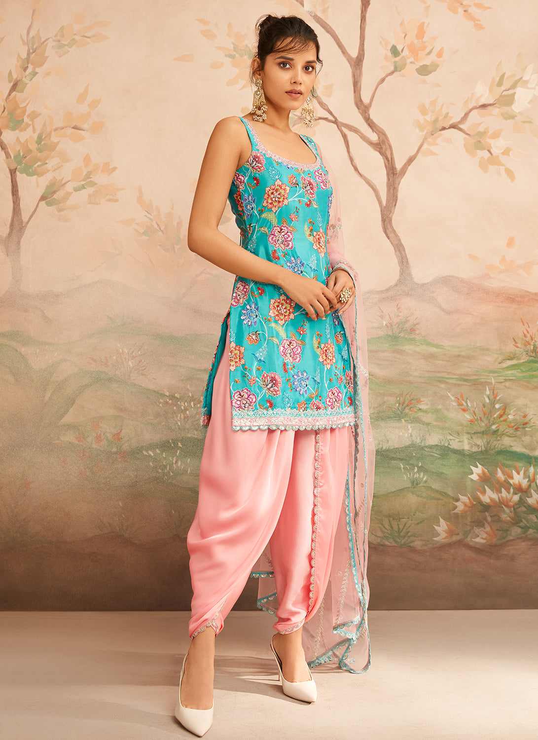 Teal and Pink Floral Printed Punjabi Suit