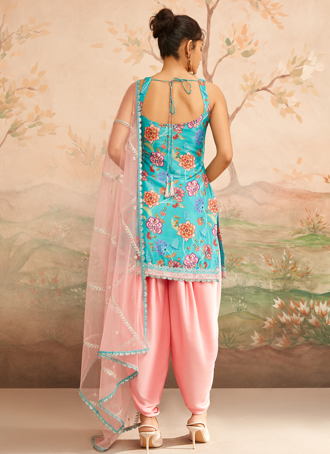 Teal and Pink Floral Printed Punjabi Suit