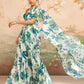 Green and White Floral Printed Saree