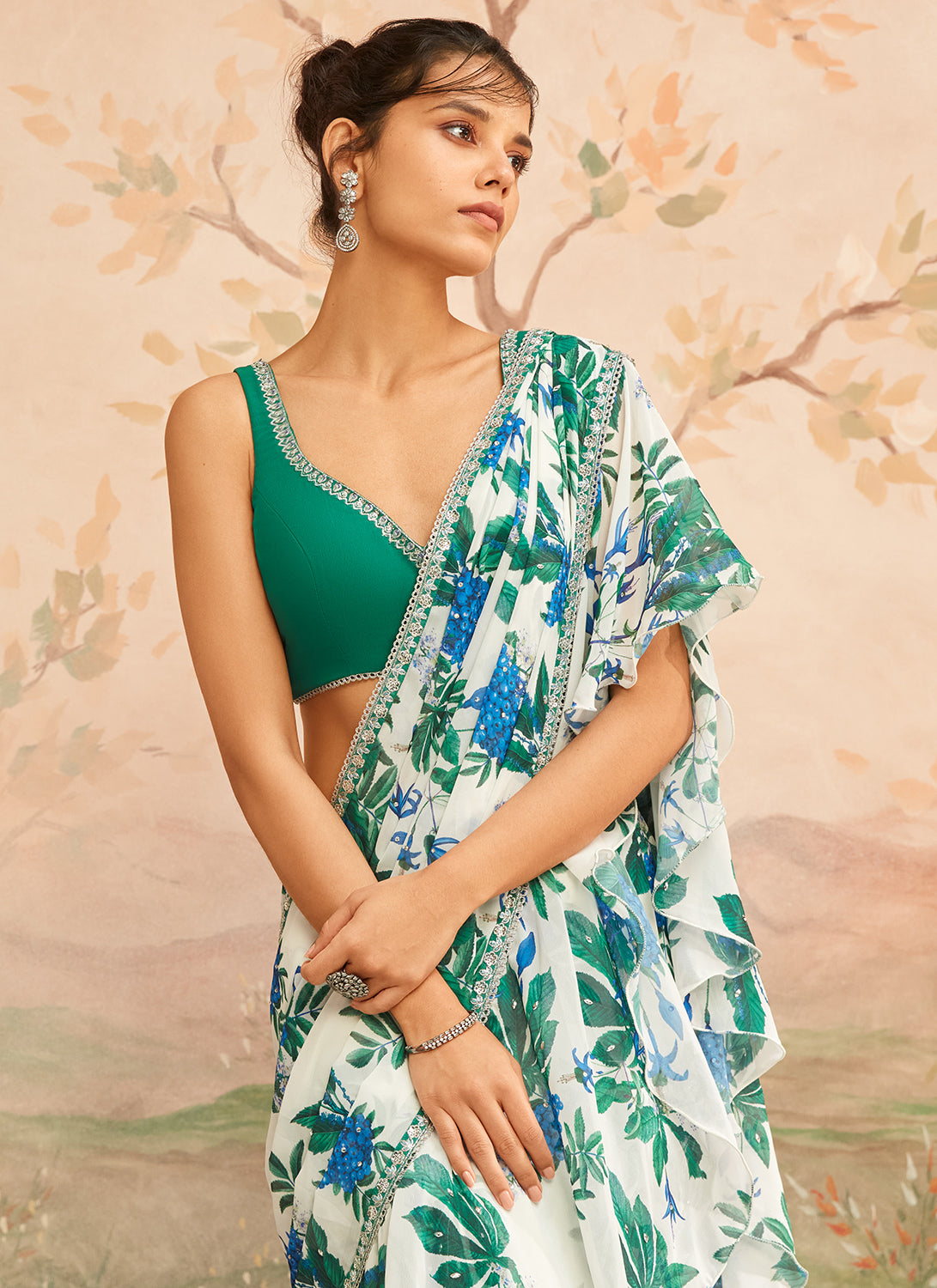 Green and White Floral Printed Saree