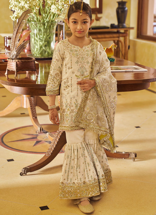 Kids Cream and Gold Embroidered Gharara