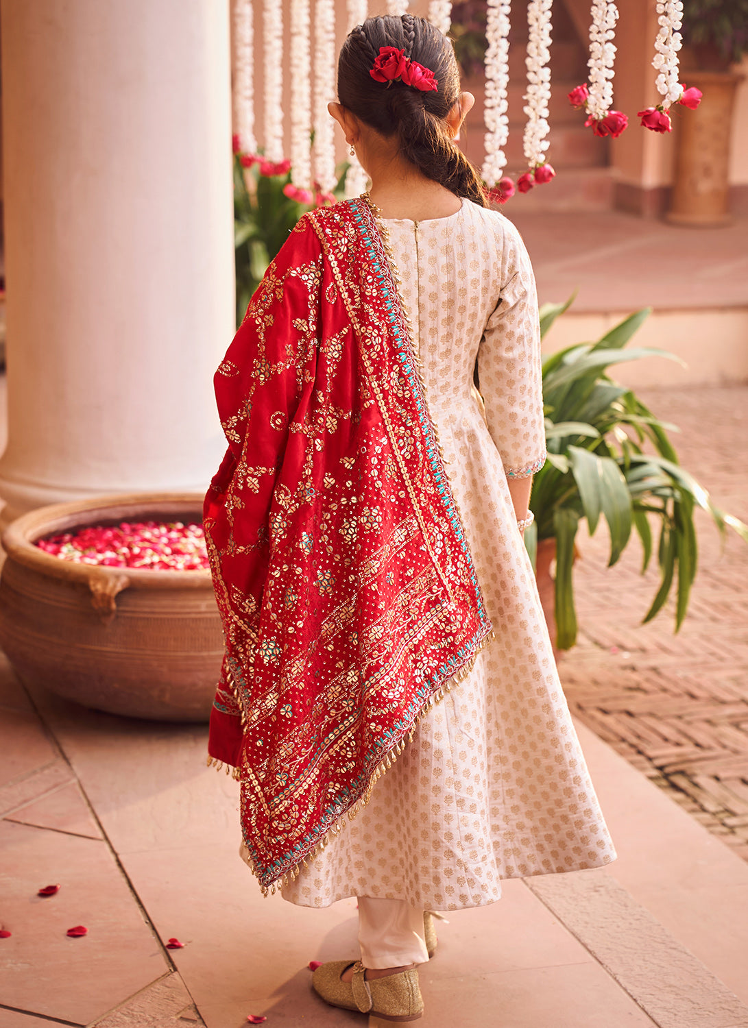 Kids Off White and Red Embroidered Anarkali