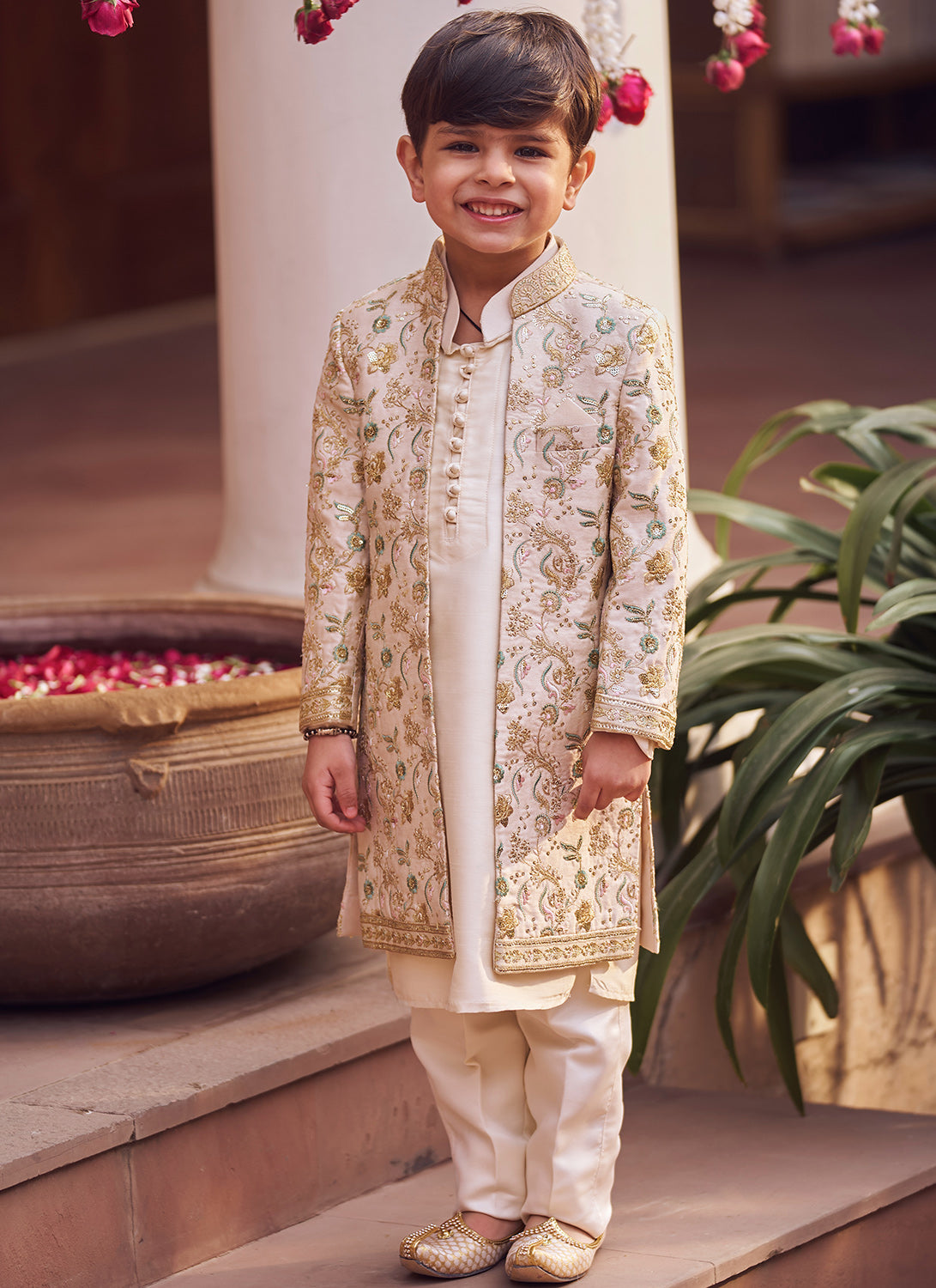 Kids Gold Embroidered Sherwani Set