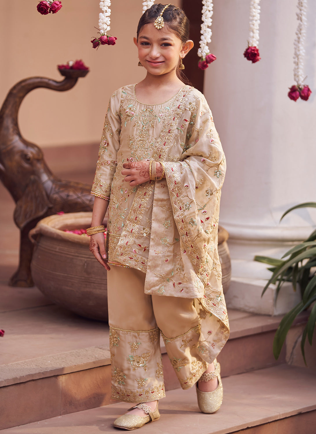Kids Gold Embroidered Straight Suit