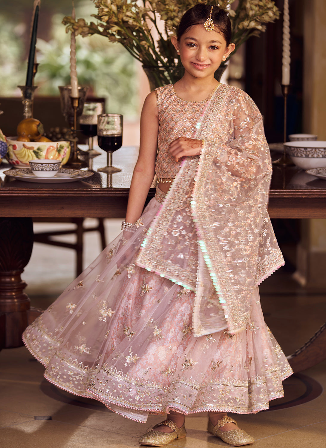 Kids Blush Embroidered Lehenga