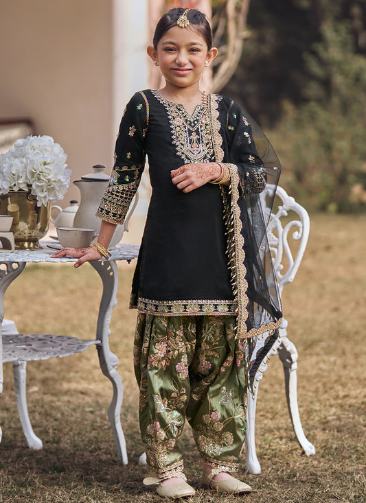 Kids Black Multicolor Embroidered Patiala Suit