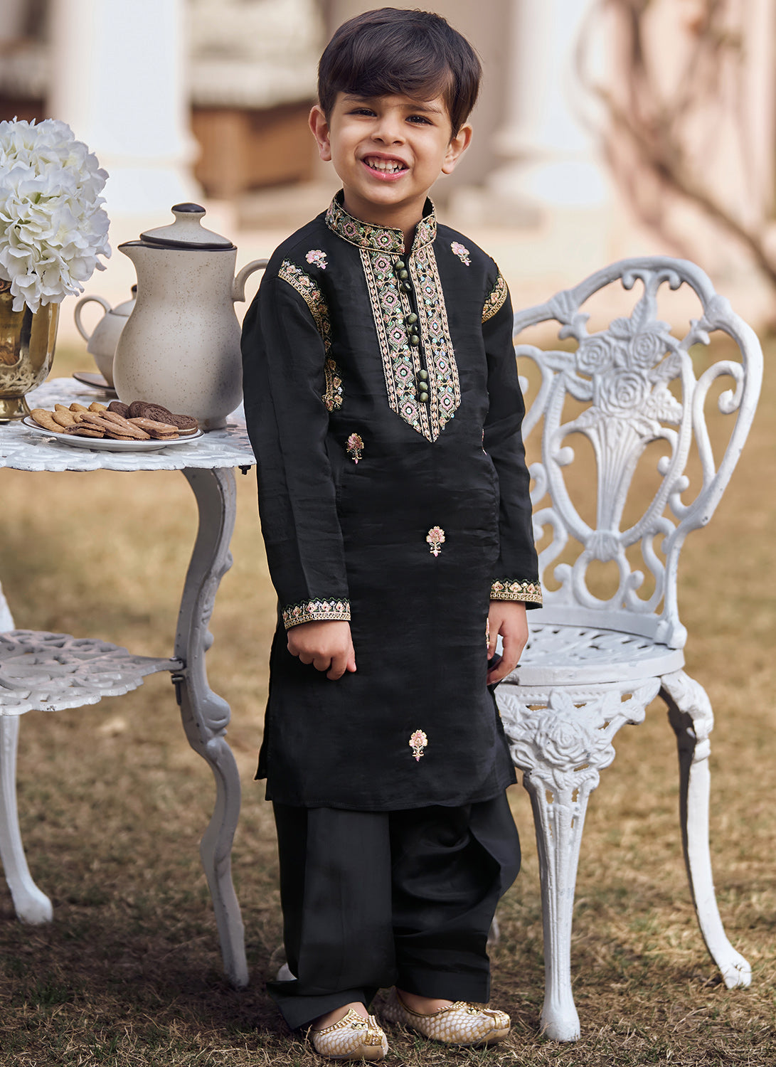 Kids Black Embroidered Kurta Set