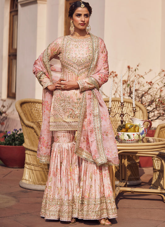 Peach Floral Embroidered Gharara Suit