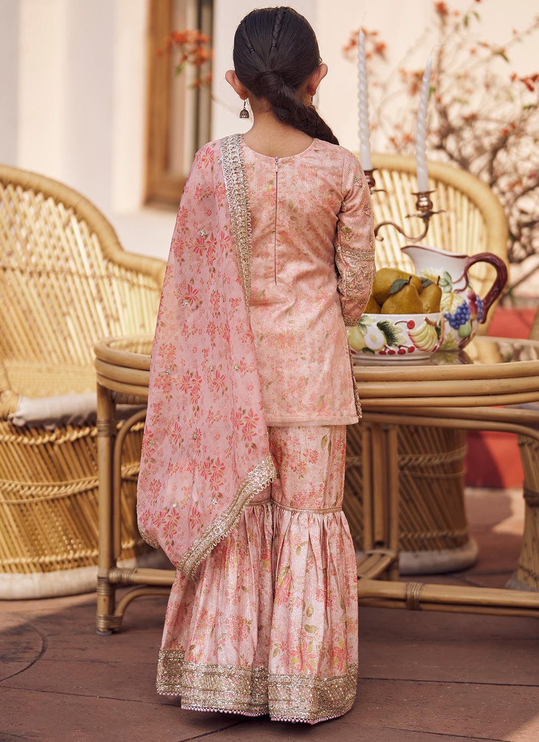 Kids Blush Peach Floral Embroidered Gharara Suit