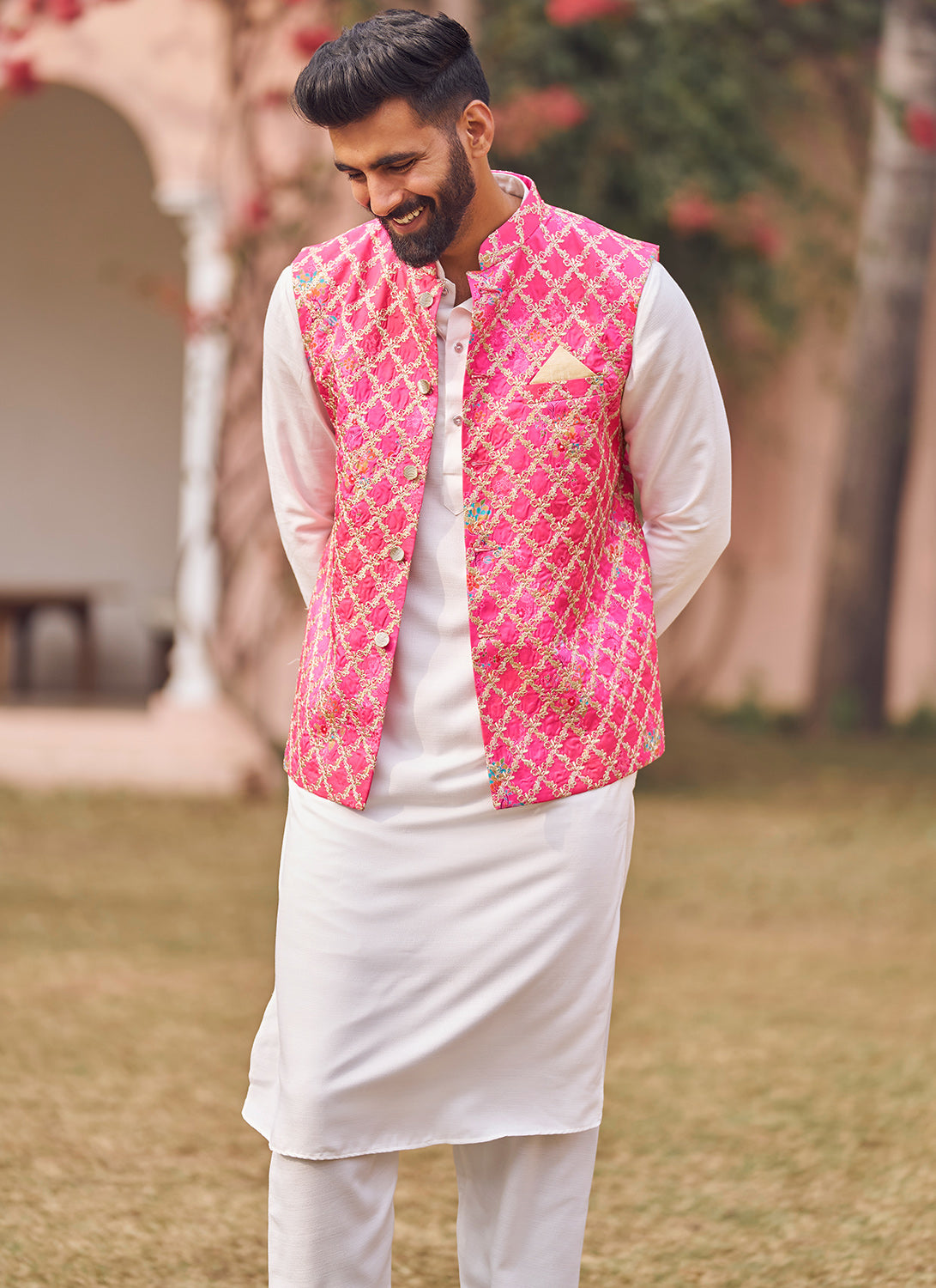Hot Pink Embroidered Nehru Jacket Set