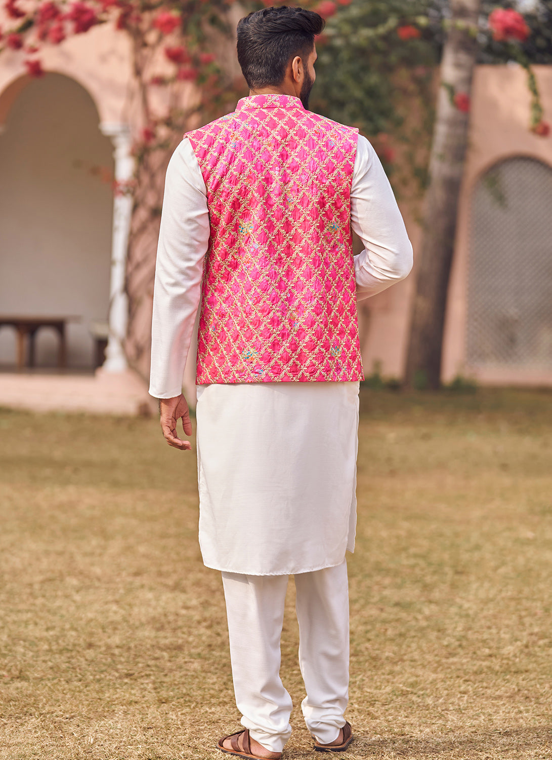 Hot Pink Embroidered Nehru Jacket Set