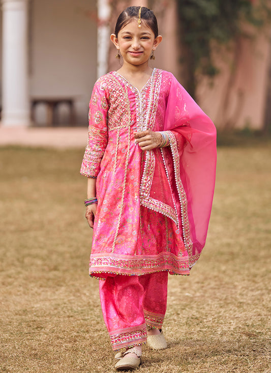 Kids Hot Pink Embroidered Peplum Style Punjabi Suit