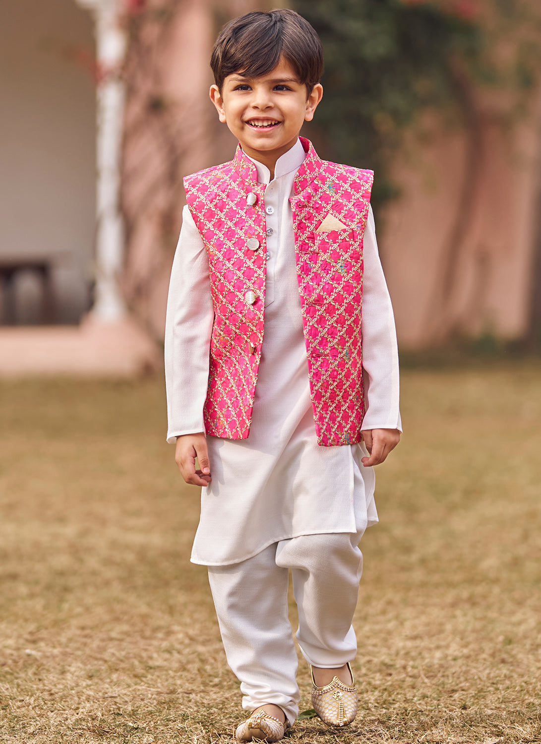 Kids Hot Pink Embroidered Nehru Jacket Set