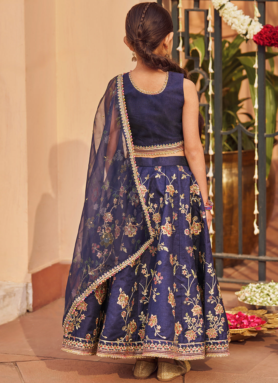 Kids Navy Blue Embroidered Lehenga