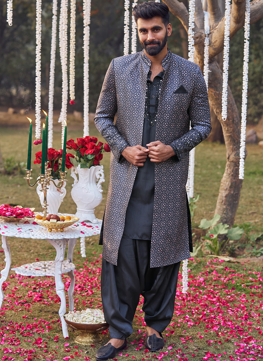 Black and Pink Embroidered Sherwani Set