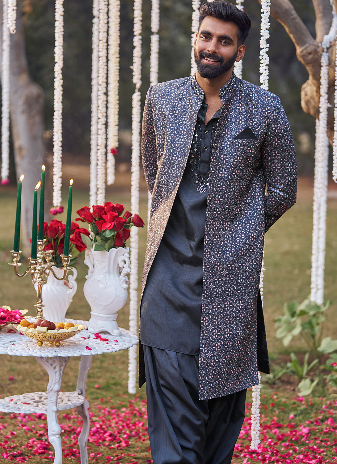 Black and Pink Embroidered Sherwani Set