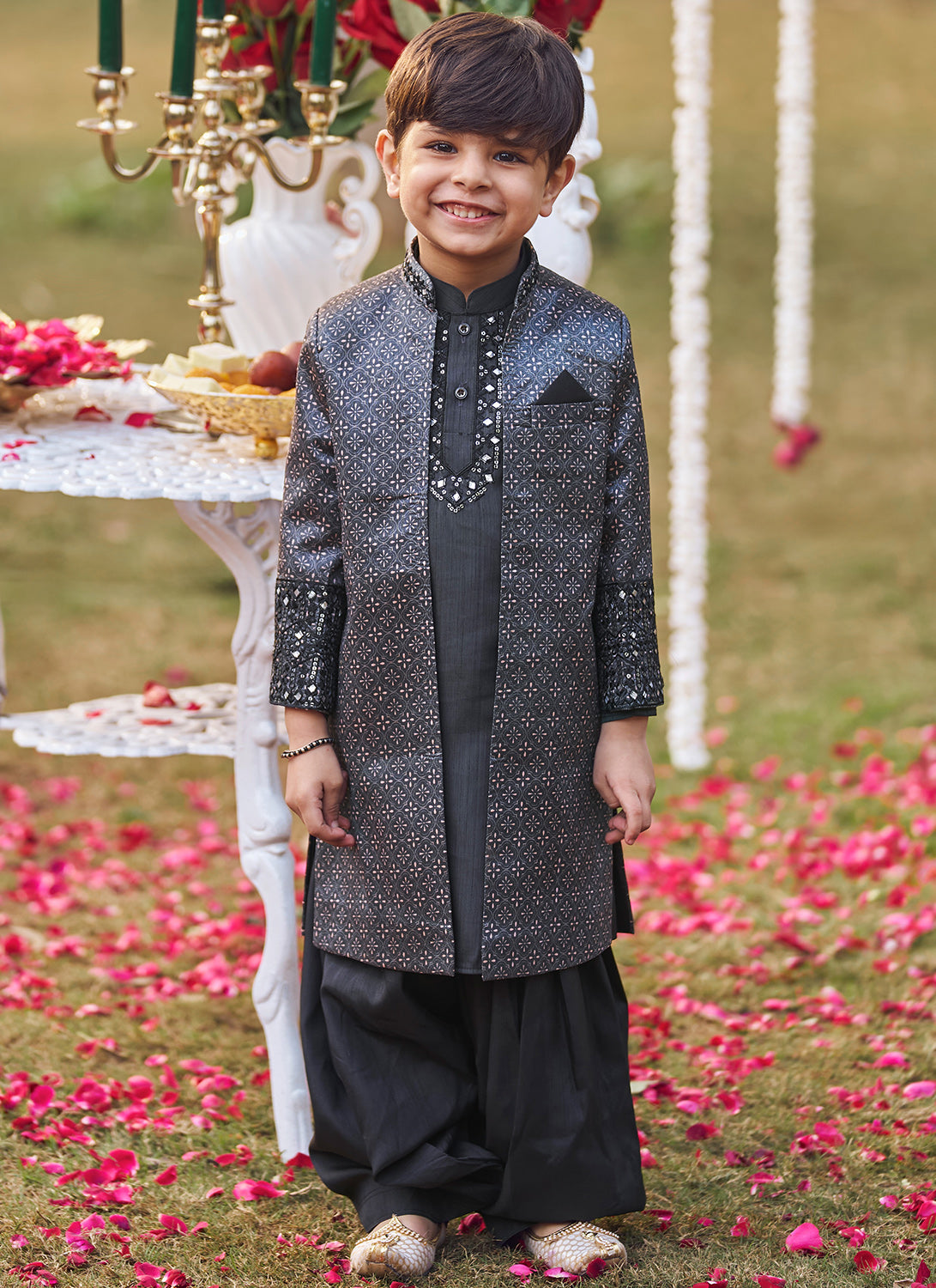 Kids Black and Pink Embroidered Jacket Set