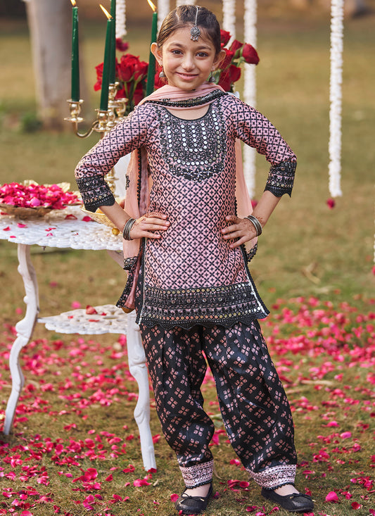Kids Pink and Black Embroidered Patiala Suit