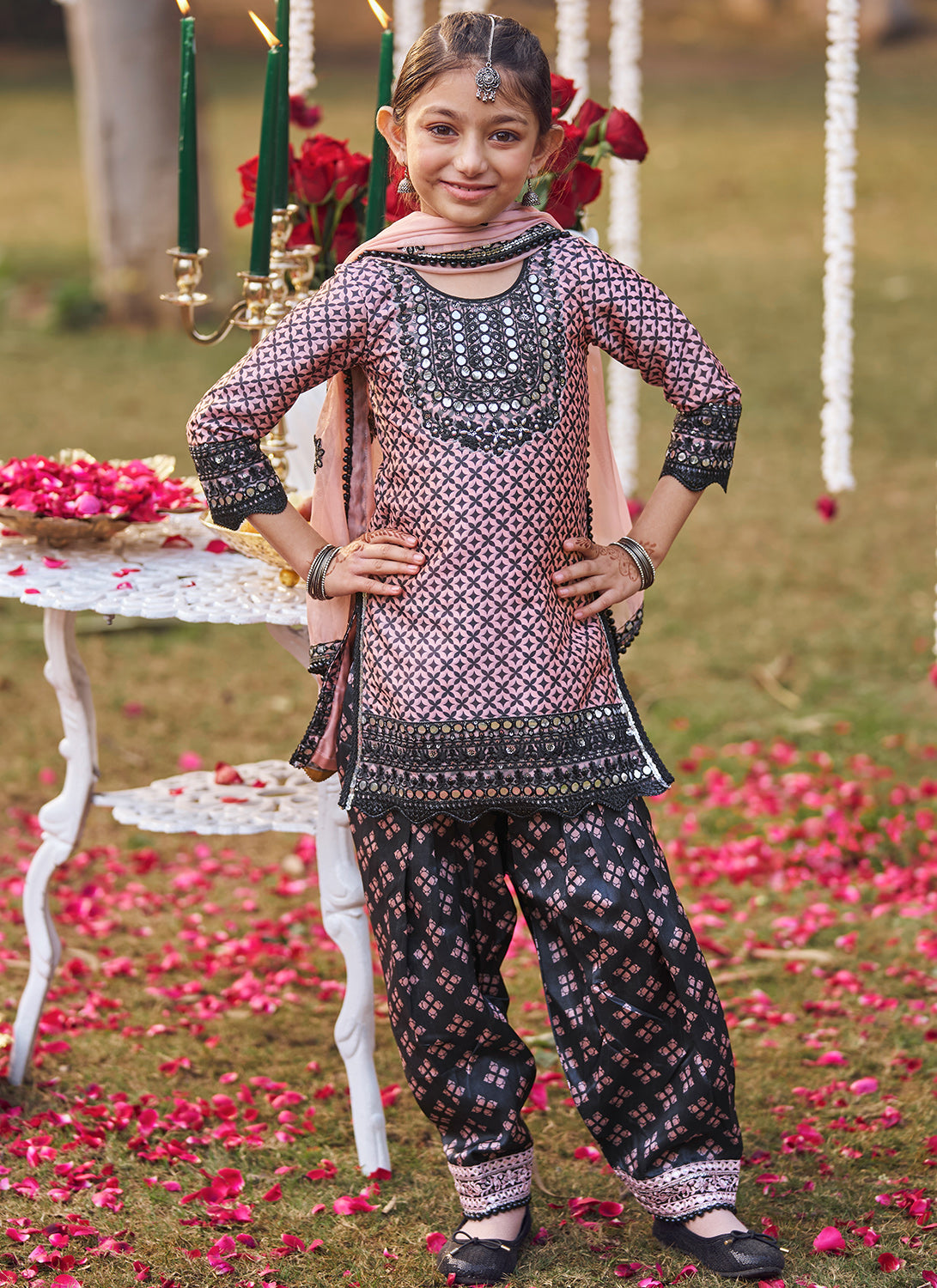 Kids Pink and Black Embroidered Patiala Suit