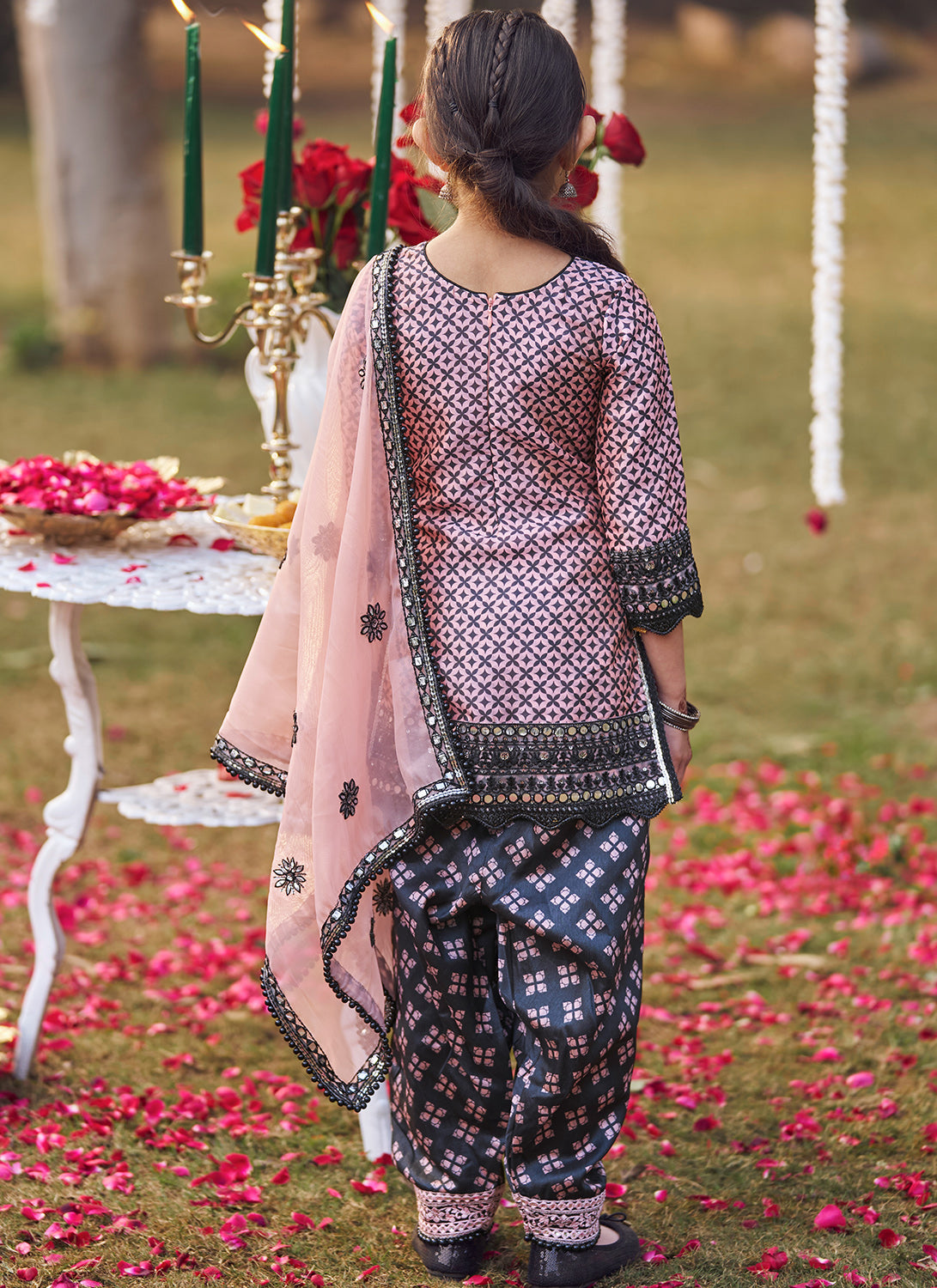 Kids Pink and Black Embroidered Patiala Suit